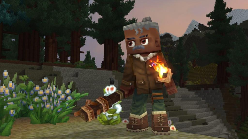 A character holding a torch in a forest in Hytale.