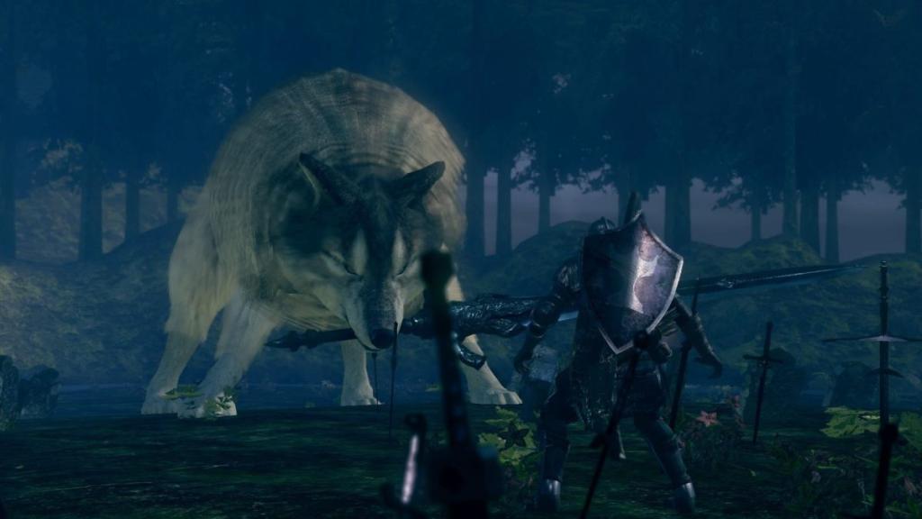A knight facing off with a giant wolf in Dark Souls 1.