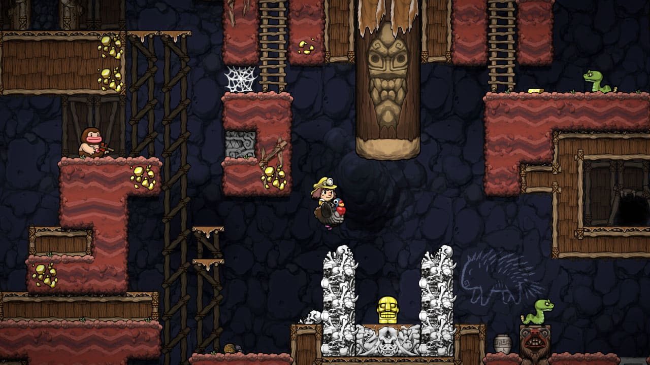 Looking for treasure on a turkey mount in Spelunky 2