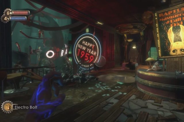 A fallen Happy New Year sign in BioShock