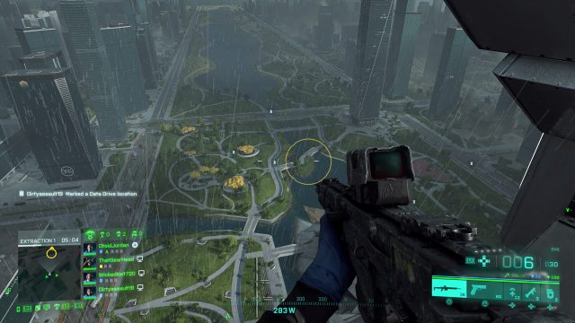 Looking down at the rain-soaked Kaleidoscope cityscape in Battlefield 2042's Hazard Zone