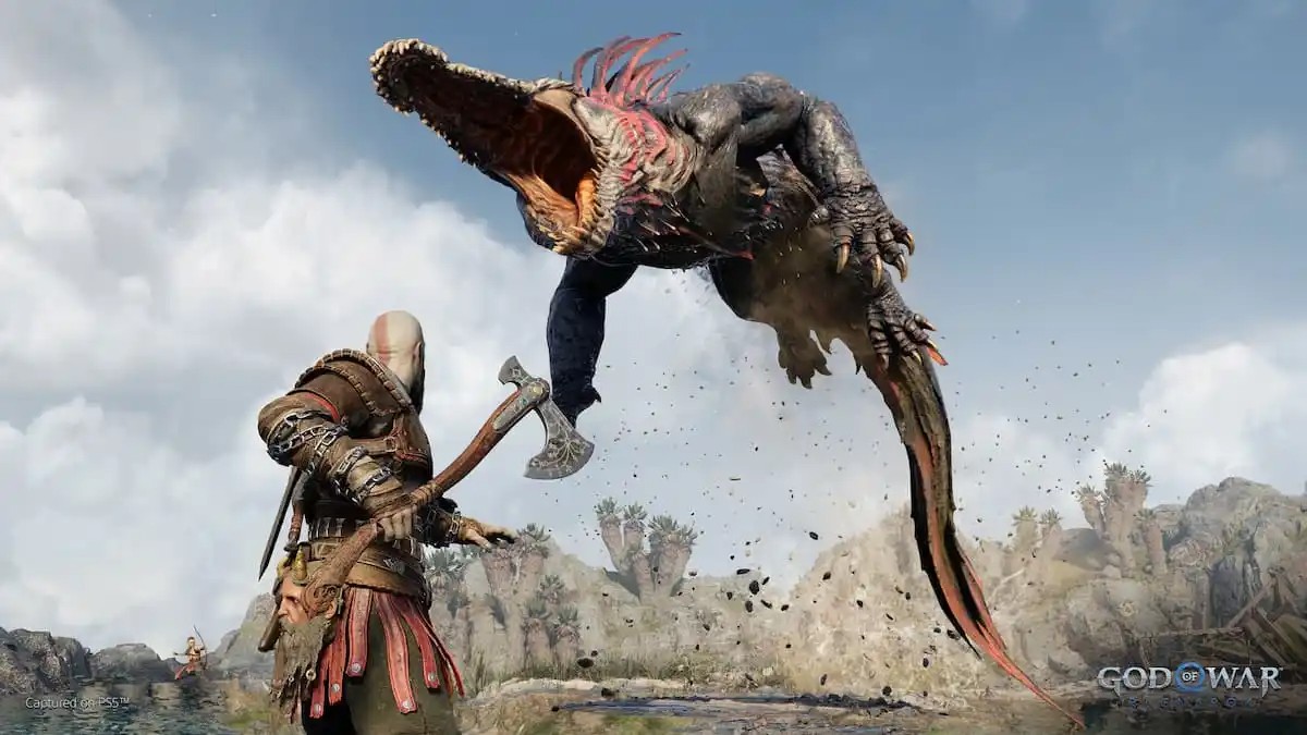 Kratos weilding his axe looking at a dragon.