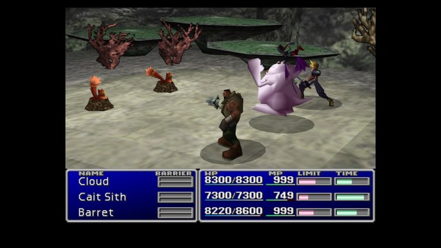 An FF7 party of Caith Sith, Cloud and Barret fighting a random encounter