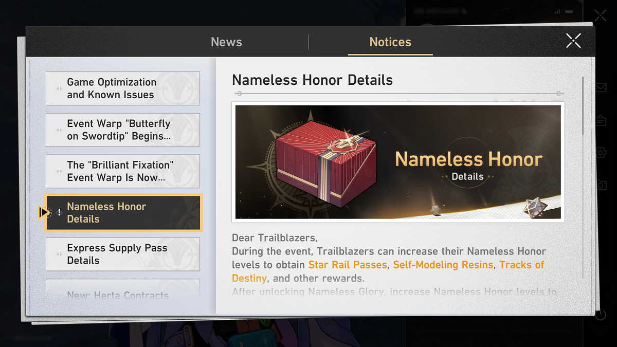 Honkai Star Rail Nameless Honor system