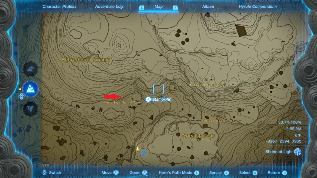 Legend of Zelda Tears of the Kingdom Map showing Hebra Summit Cave locations