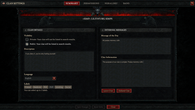 Diablo 4 Clan Settings