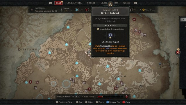 Broken Bulwark location on the map in Diablo 4 to find the Ghostwalker Aspect