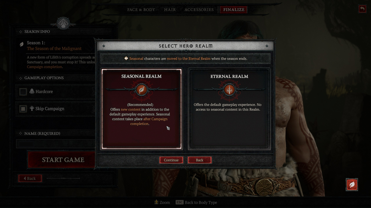 Selecting the Seasonal Server in Diablo 4