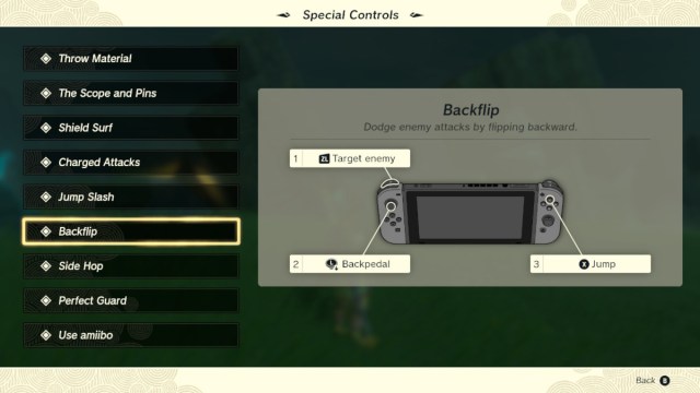 Special controls for backflips in The Legend of Zelda: Tears of the Kingdom.