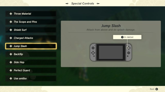 Special controls for jump slashing in The Legend of Zelda: Tears of the Kingdom.