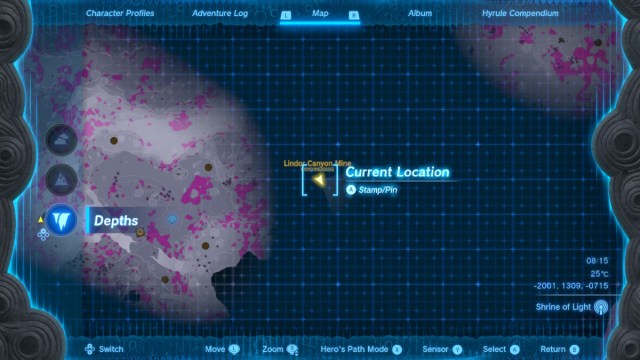 Map pinpointing Lindor Canyon Mine in The Legend of Zelda: Tears of the Kingdom.