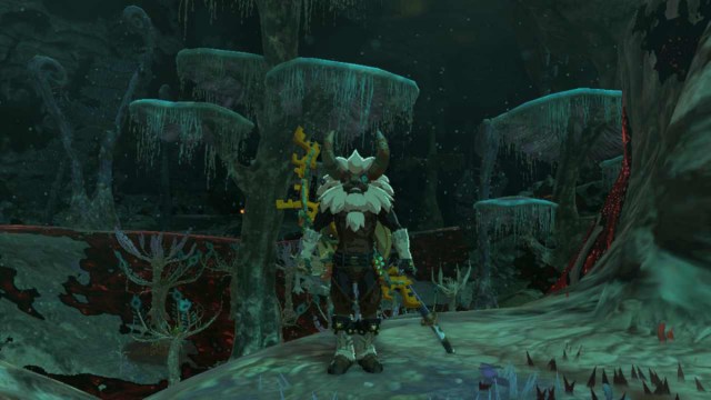 Link wearing Lynel mask in the depths in The Legend of Zelda: Tears of the Kingdom