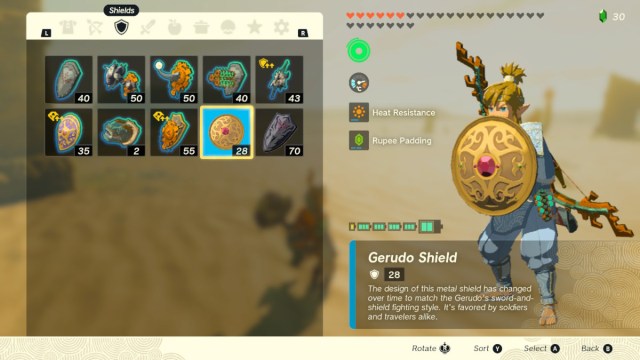 Tears of the Kingdom Gerudo Shield menu view