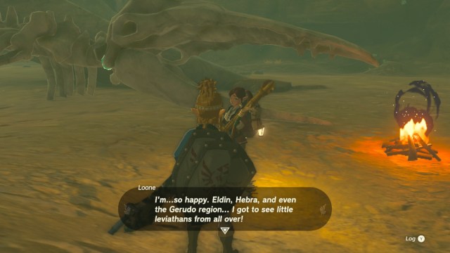 Link and Loone in dialogue during the Gerudo's Colossal Fossil quest.