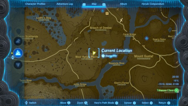 A map of Hyrule, in the southeast of the Tabantha region. The current location is next to West Hyrule Plains.
