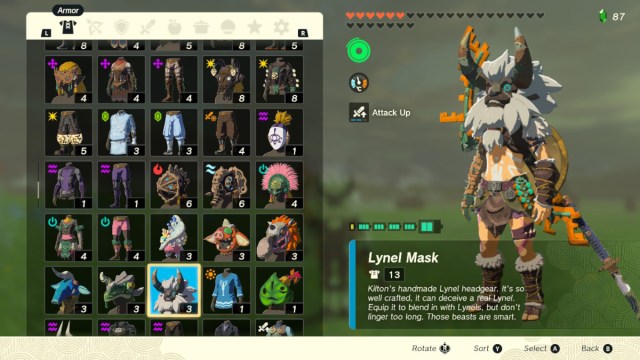 Link wearing the barbarian legs and chest with the Lynel Mask. This is in the equipment menu.