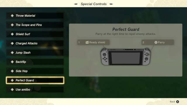 Special controls for perfect guard in The Legend of Zelda: Tears of the Kingdom.