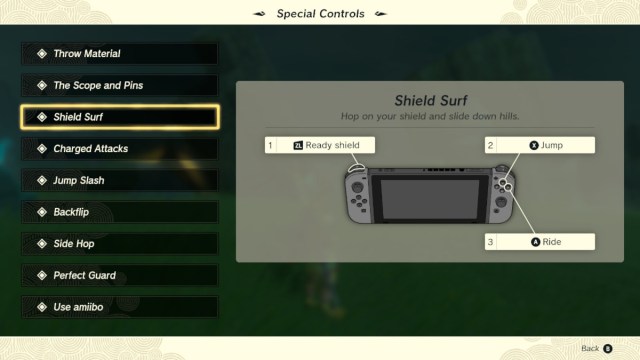 Special controls for shield surfing in The Legend of Zelda: Tears of the Kingdom.