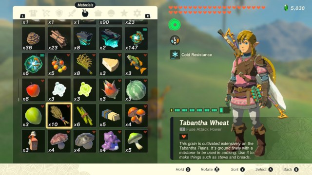 Tabantha Wheat in Link inventory in The Legend of Zelda: Tears of the Kingdom.