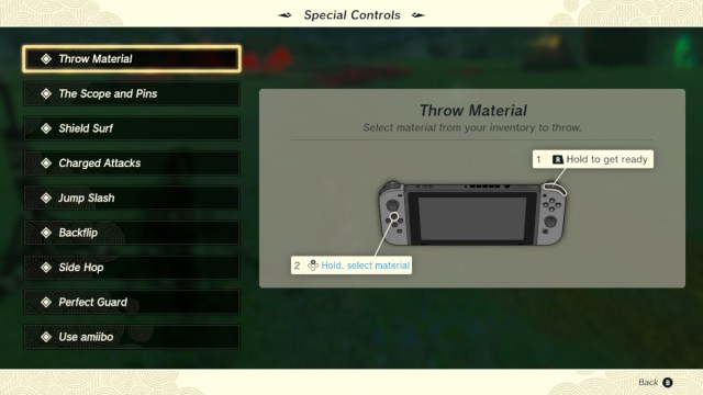 Special controls for throwing materials in The Legend of Zelda: Tears of the Kingdom.