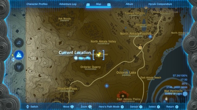 Map pinpointing East Akkala Plains Chasm in The Legend of Zelda: Tears of the Kingdom.