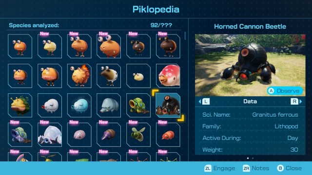 Horned Cannon Beetle in Piklopedia in Pikmin 4.