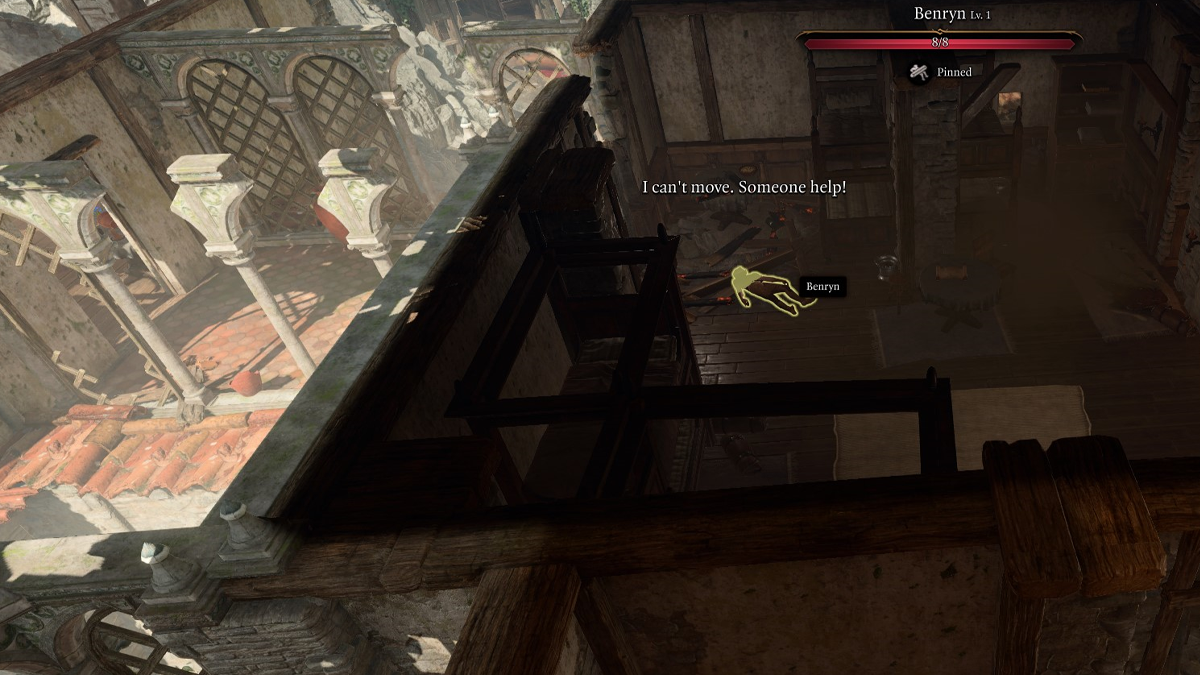 The guy you're looking to save in BG3 is pinned under some rubble, he's pictured here just by the door. 