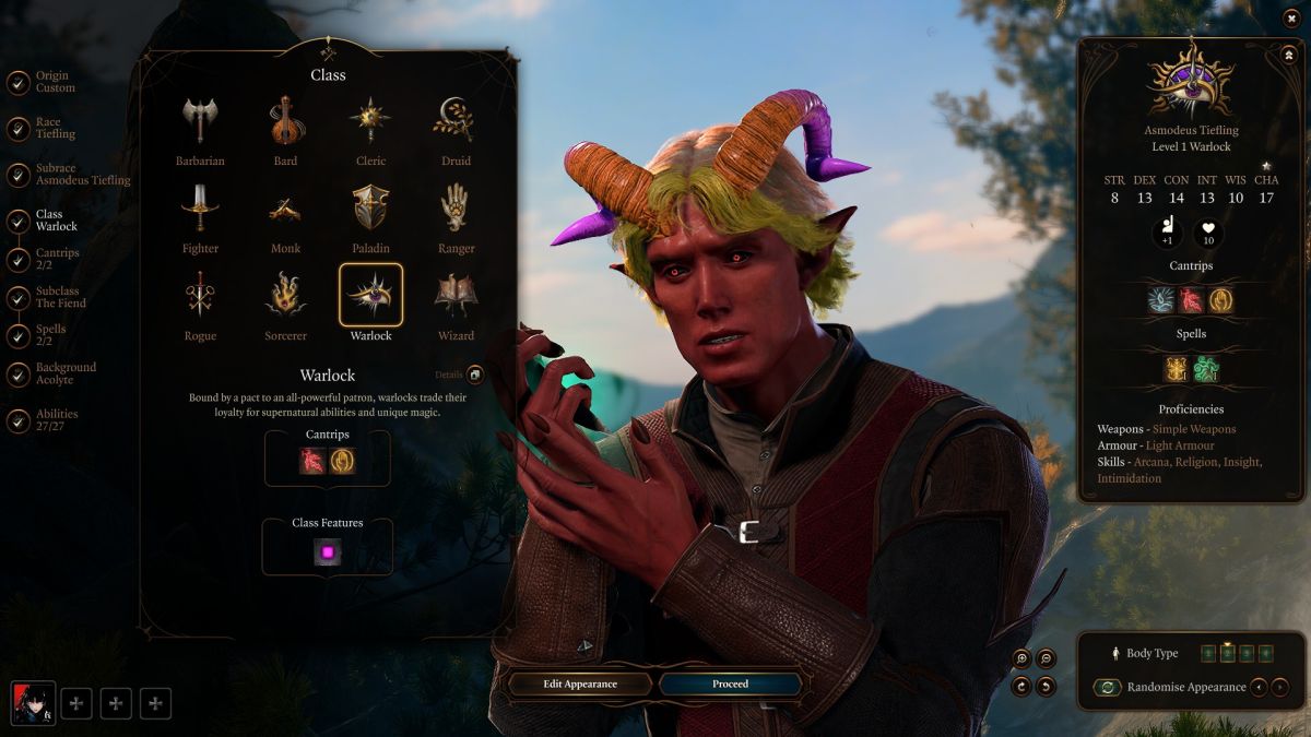 Warlock class character creation screen