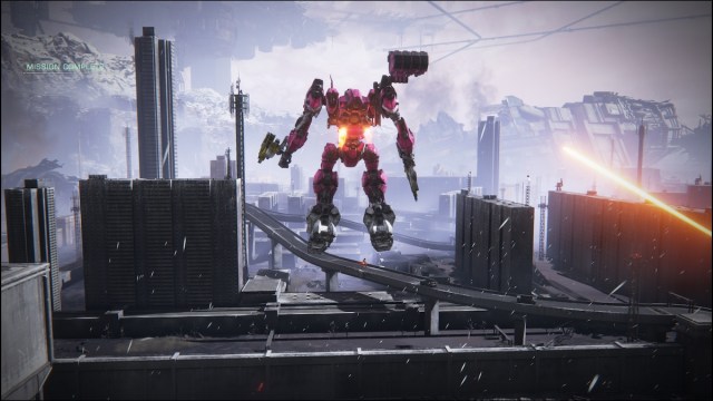 Pink mech flying in Armored Core 6.