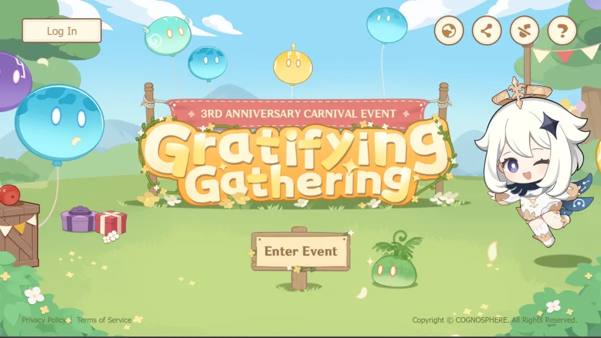 Gratifying Gathering Web Event title screen in Genshin Impact