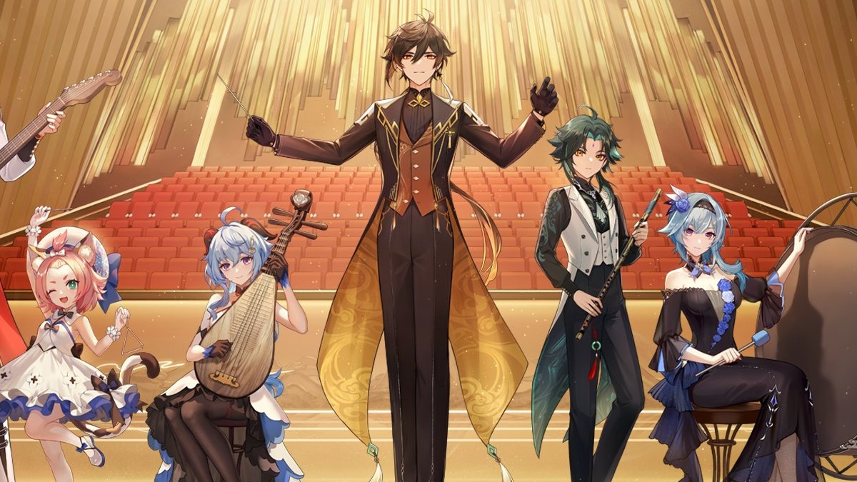 Genshin Concert tour promotional image with characters like Childe, Zhongli, and Ganyu