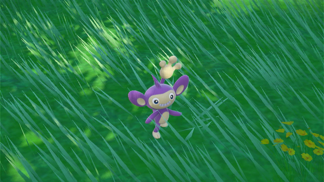 An Aipom found in the wild in Pokémon Scarlet and Violet DLC, The Teal Mask, looking at the player.