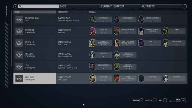 The Crew Menu in Starfield