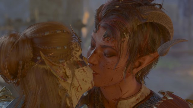 Baldur's Gate 3 Karlach kissing Lae'zel