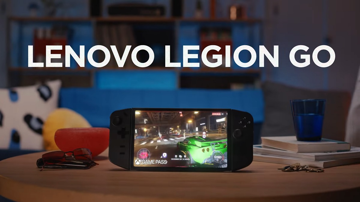 A photo of the Lenovo Legion GO on a wooden desk.