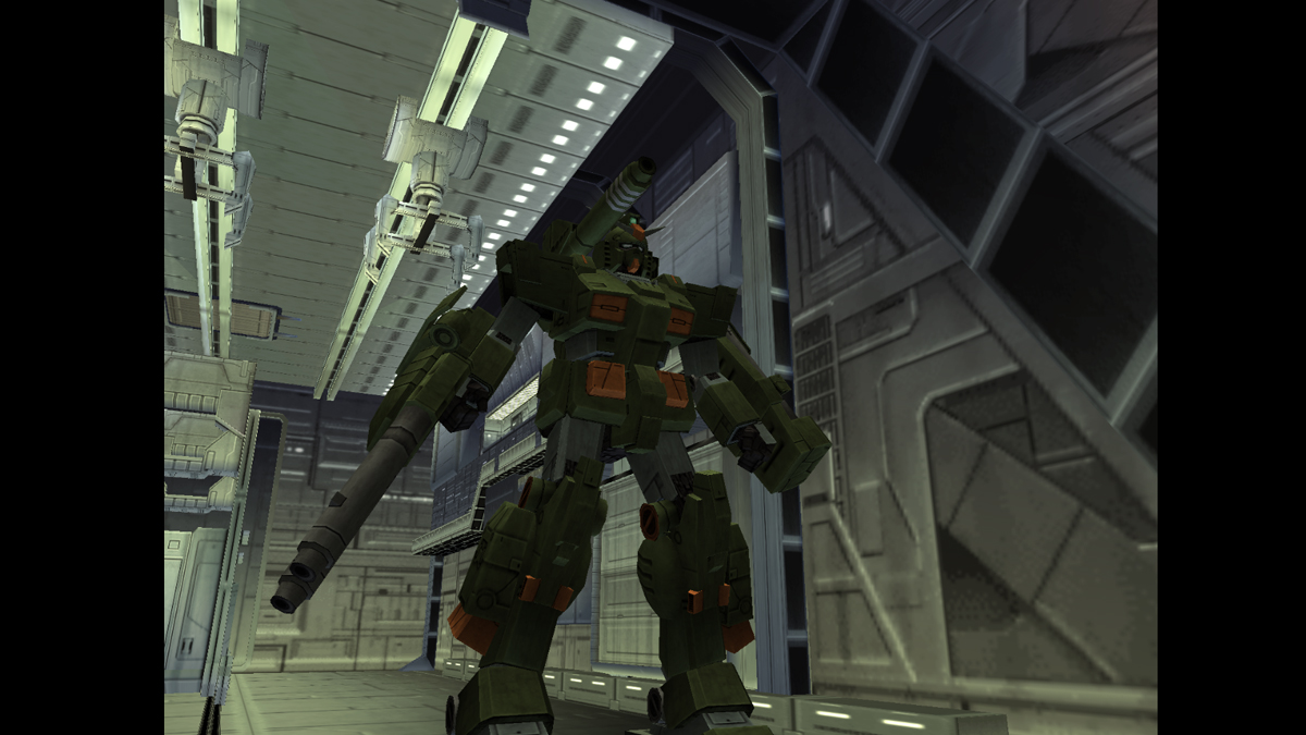 Green RX-78 Gundam being launched from hangar.