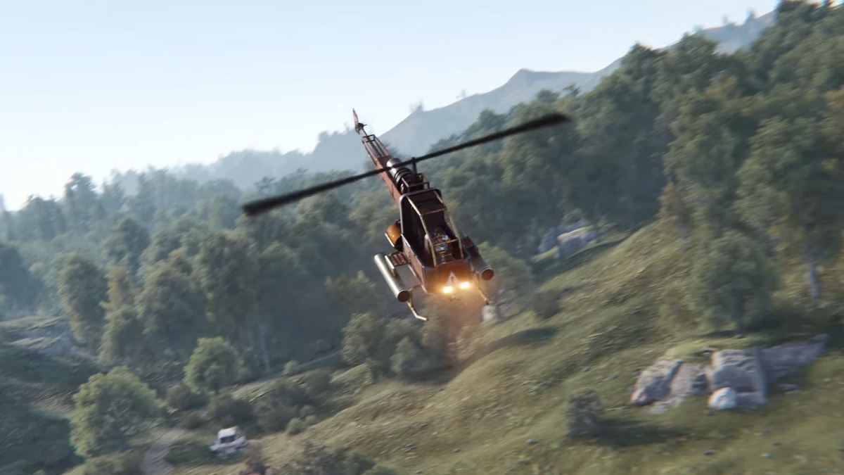 Image from Rust showing an attack helicopter in the air.