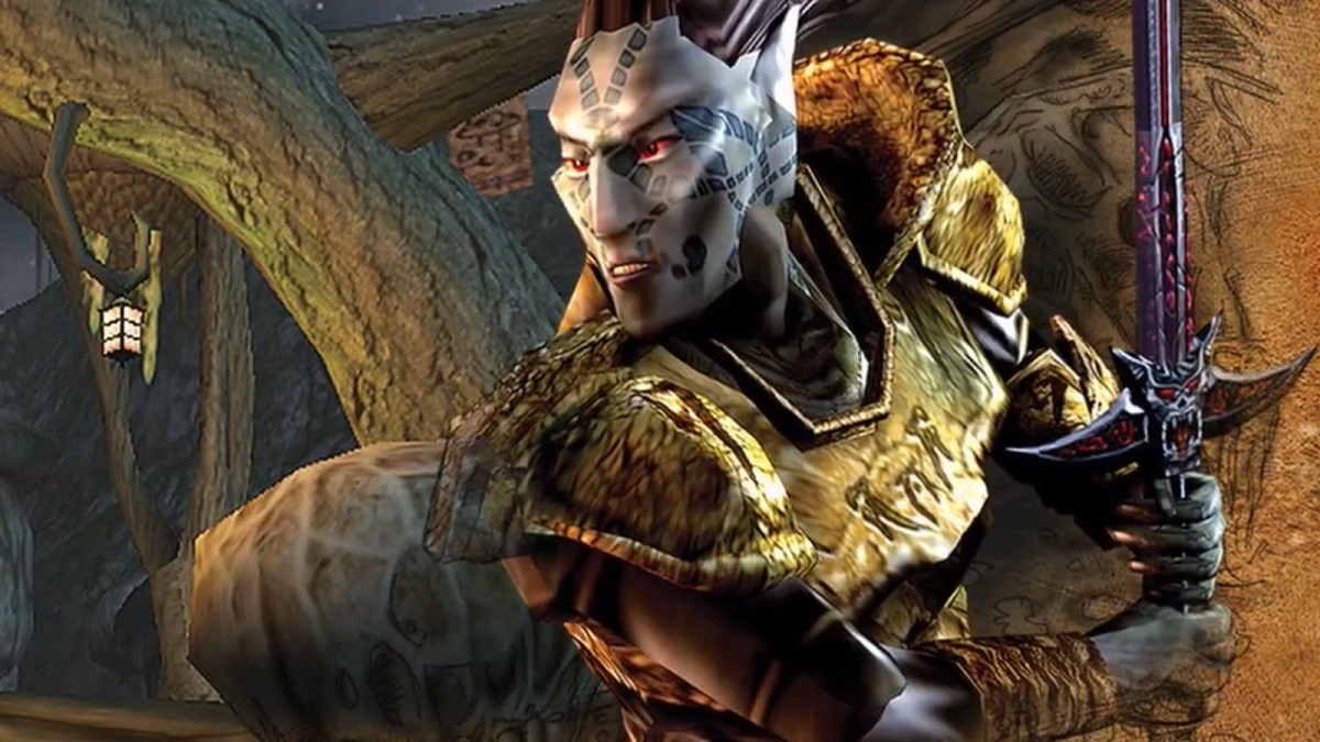 Morrowind: a Dark Elf wearing bone armor.