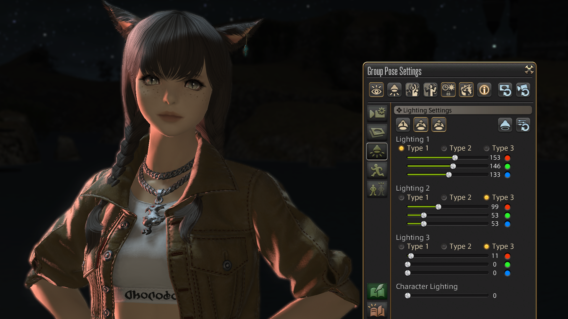 The character lighting options in Gpose toggled on from two directions on a Miqote. 