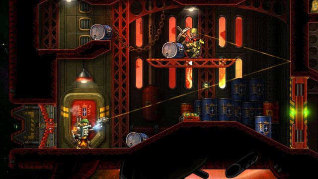 A screenshot depicting SteamWorld Heist's projectile ricochet feature.