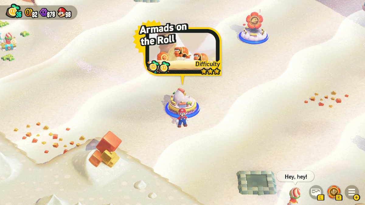 Mario standing by Armads on the Roll level entry in Sunbaked Desert