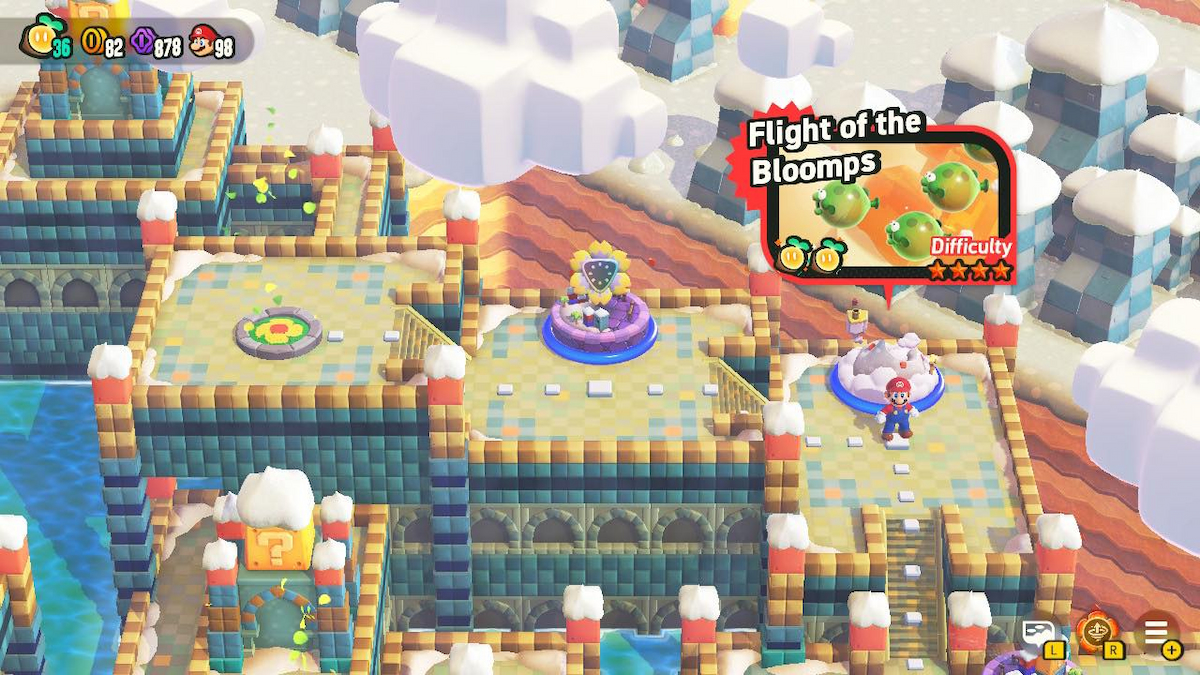 Mario standing by Flight of the Bloomps level entry in Sunbaked Desert