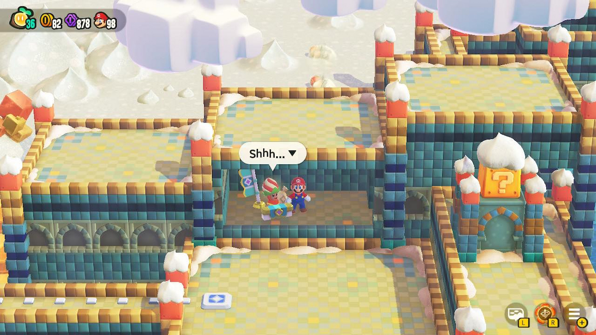 Mario standing next to Secret Poplin Shop in Sunbaked Desert