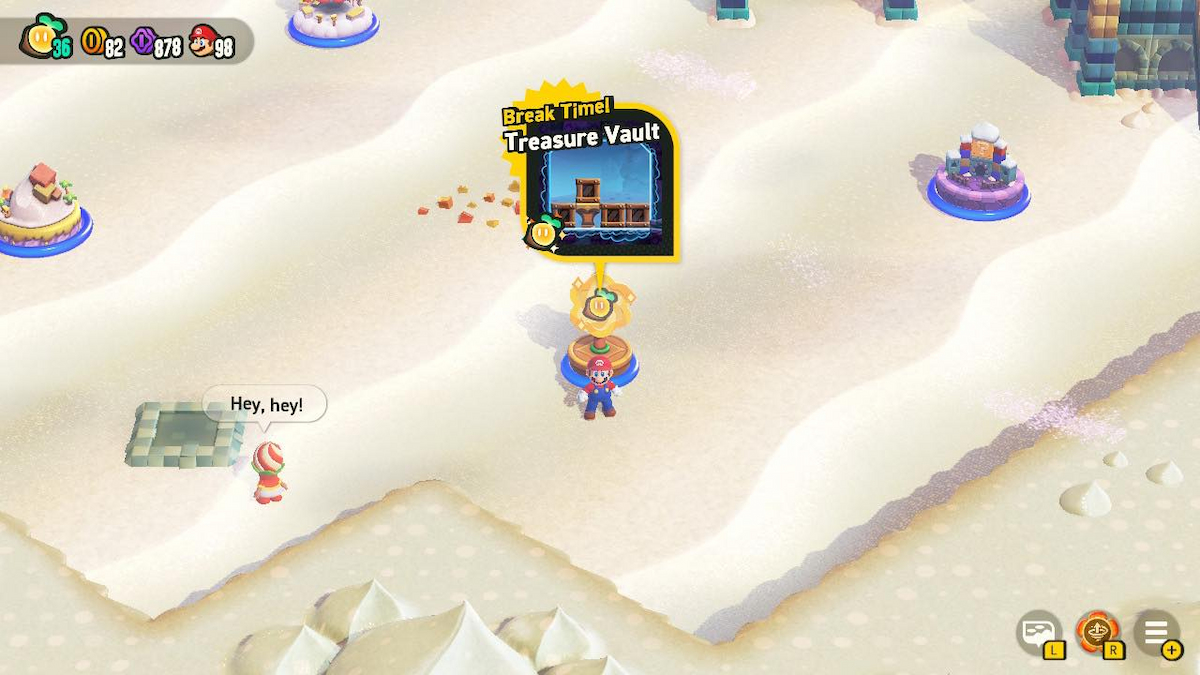 Mario standing by Treasure Vault level entry in Sunbaked Desert