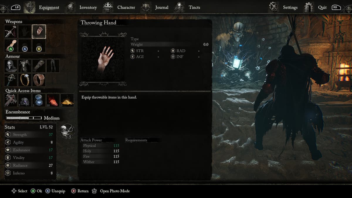 Throwing Hand menu option in Lords of the Fallen.