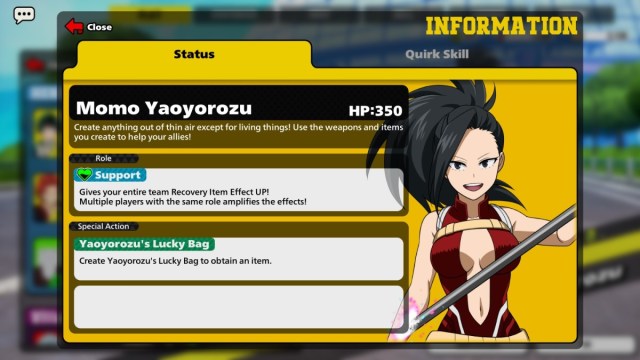 Yaoyorozu can blast foes with her cannon and help recovery items become effective