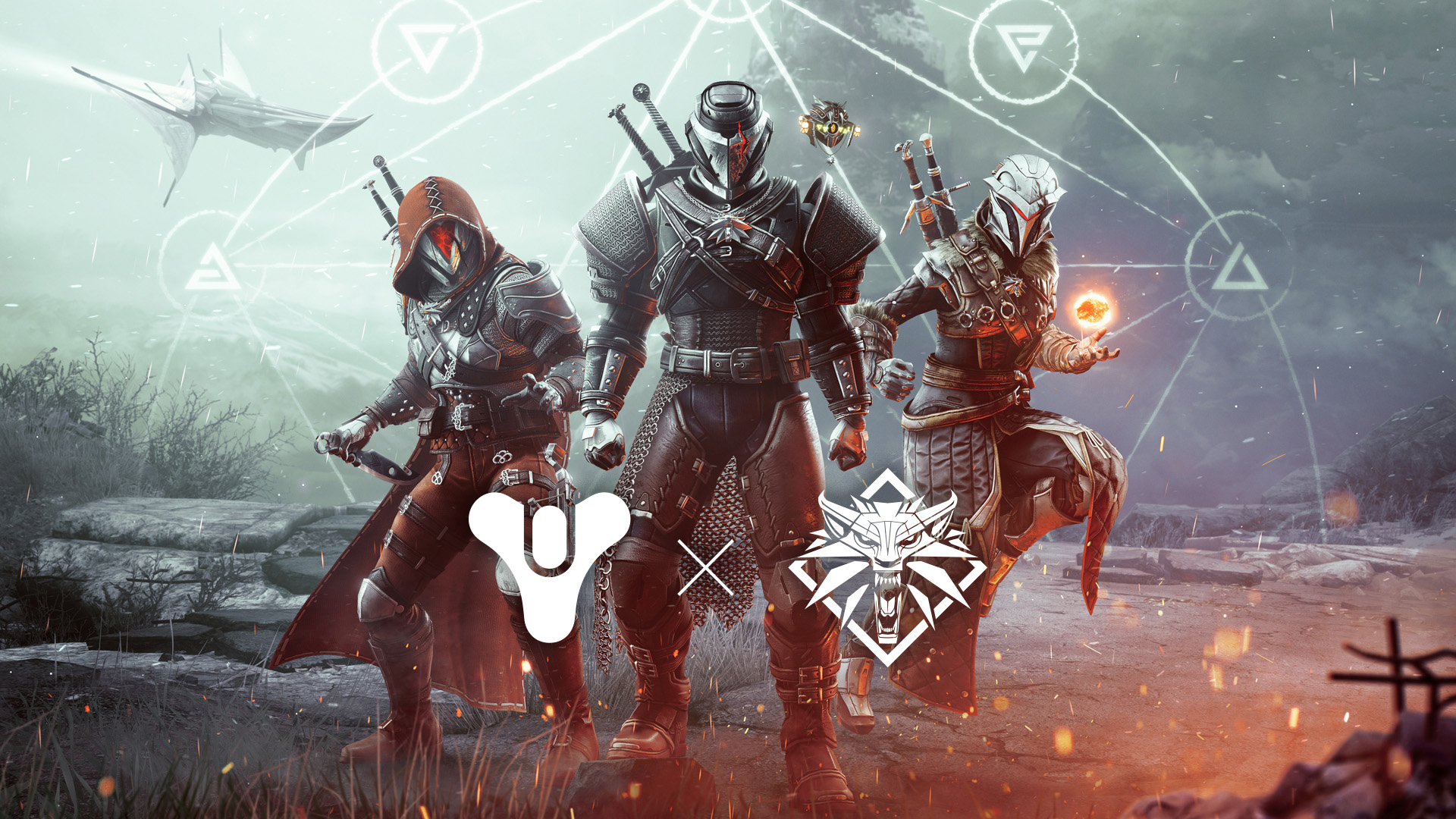 Three Destiny 2 Guardians showing off their accessories from The Witcher crossover. 