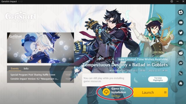 The Genshin Impact launcher, displaying if the servers are down for maintenance and when you can pre-install the new patch