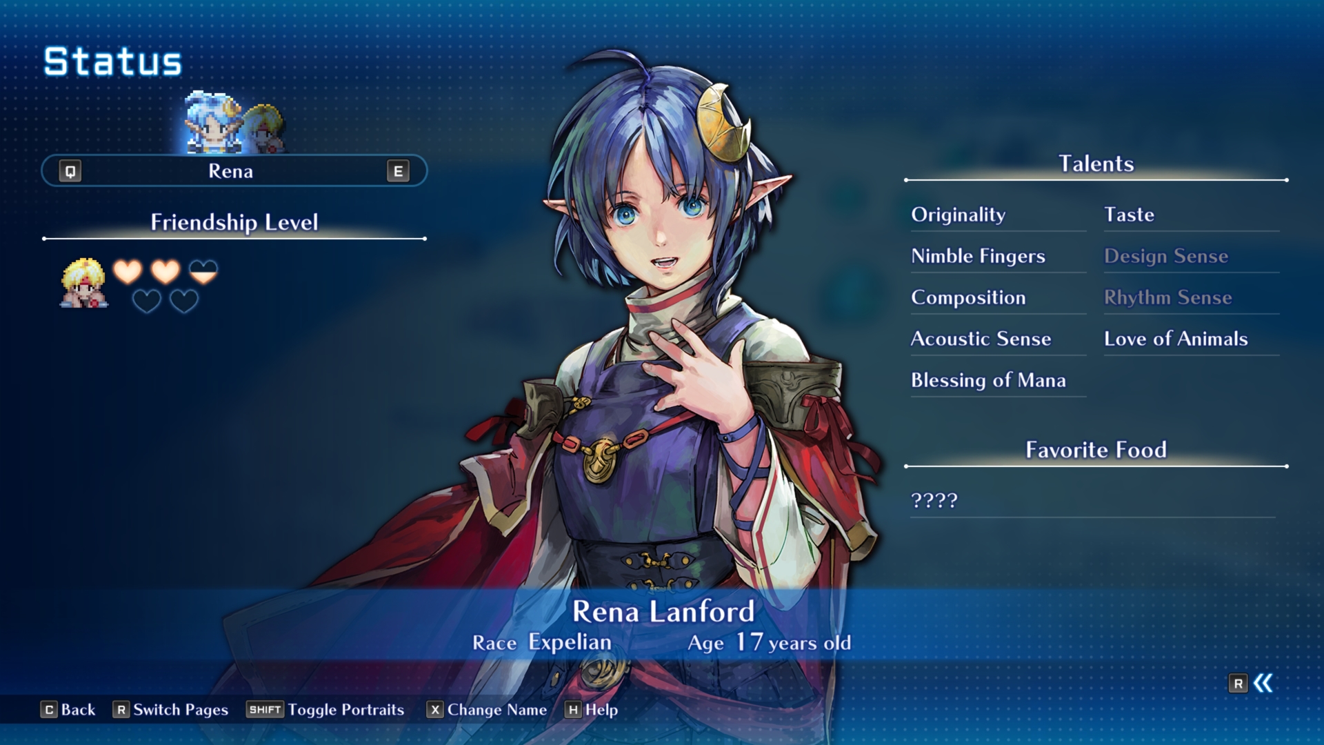 Rena Lanford from Star Ocean Second Story R. This menu displays her general Status, with a focus on the Friendship Level. This is what you'll want to improve for finding the endings. 