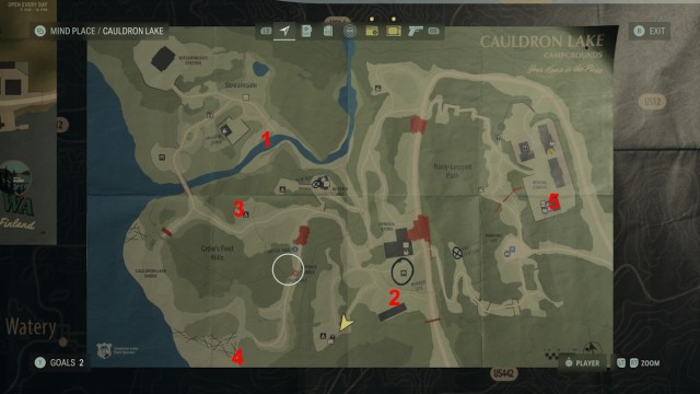 All Cult Stash locations Alan Wake 2 map showing cauldron lake stash locations